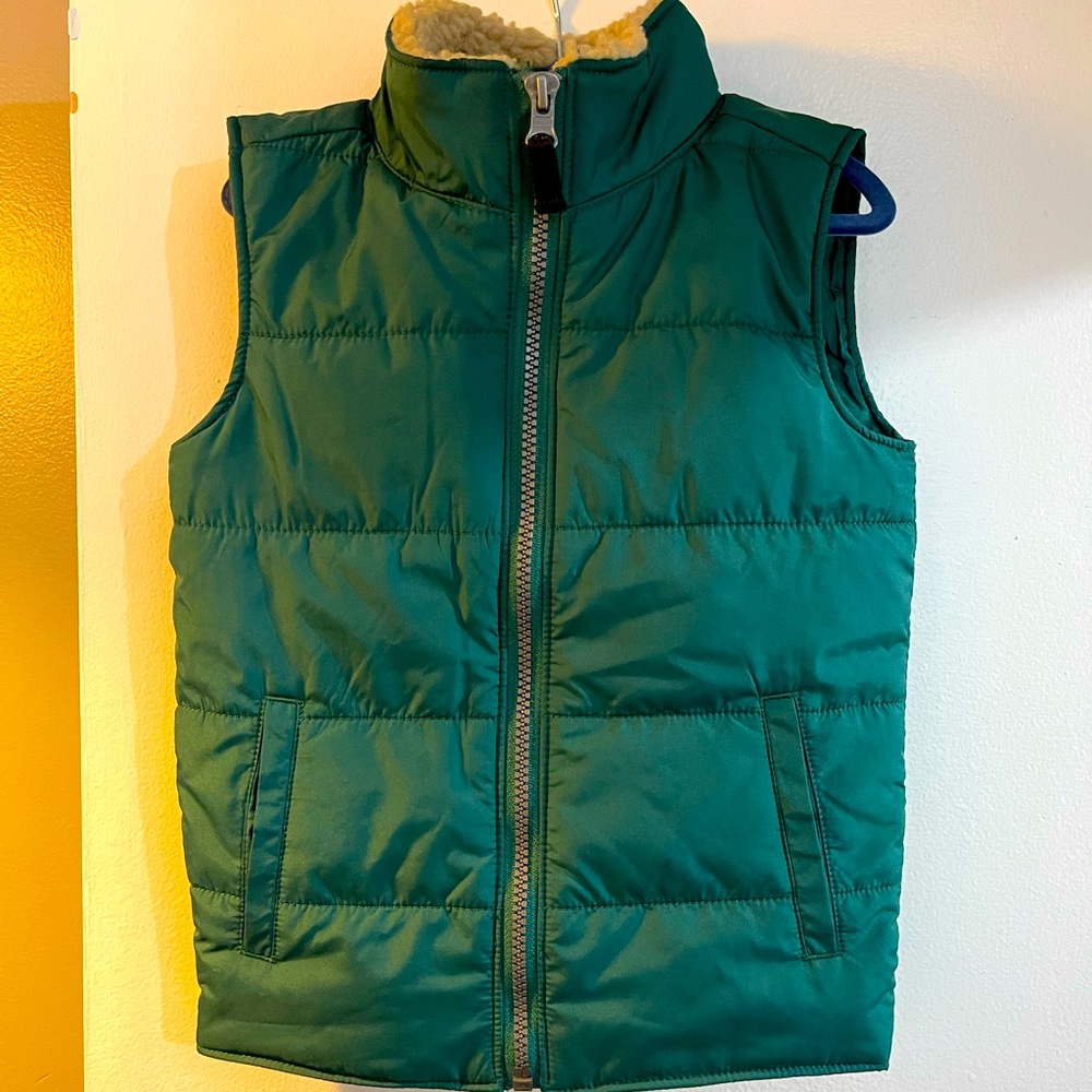 Green puffer vest with Sherpa lined collar